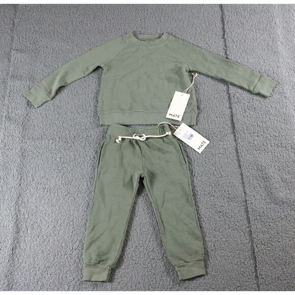 New Mate The Label Kids Lot of 2 Green Sage 12/18 Sweatshirt Sweatpants Organic - Picture 1 of 2